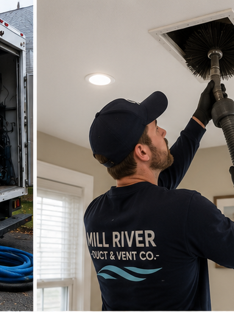 Mill River Duct & Vent Co. technician cleaning a ceiling return vent in Fairfield, CT